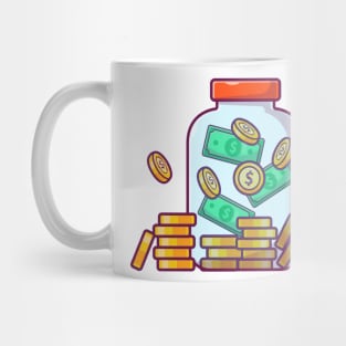 Glass jar with coin and paper money cartoon Mug